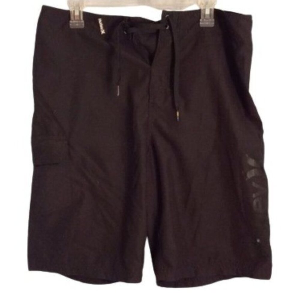 Hurley Size 34 Board Shorts Mens Black Drawstring Cargo Pocket Swim Trunks